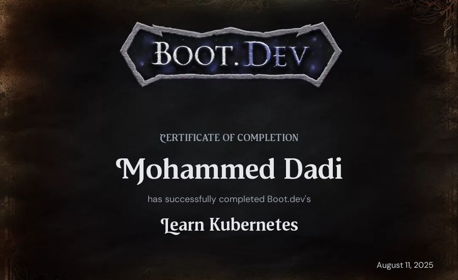 Mohammed Dadi's Boot.dev Learn Kubernetes certificate