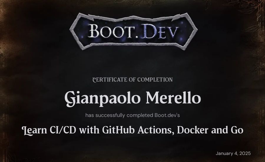 Gianpaolo Merello's Boot.dev Learn CI/CD with GitHub Actions, Docker and Go certificate