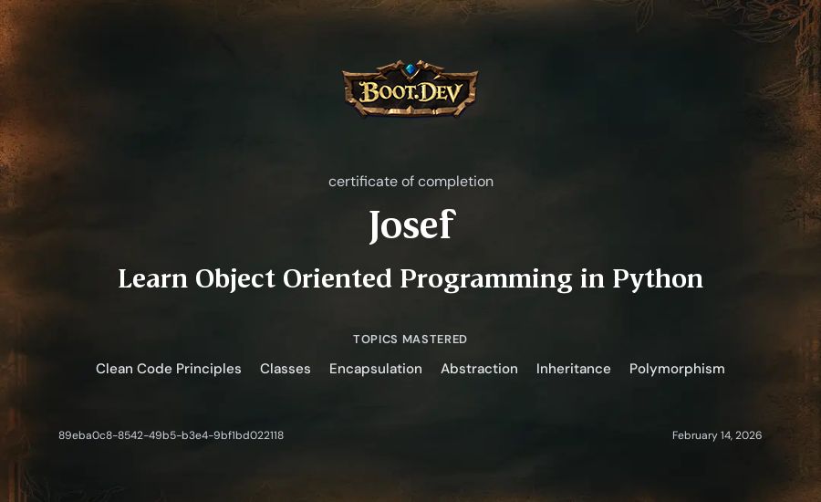 Josef's Boot.dev Learn Object Oriented Programming in Python certificate