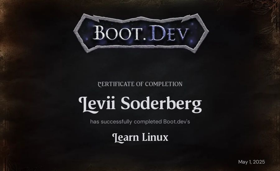 Levii Soderberg's Boot.dev Learn Linux certificate