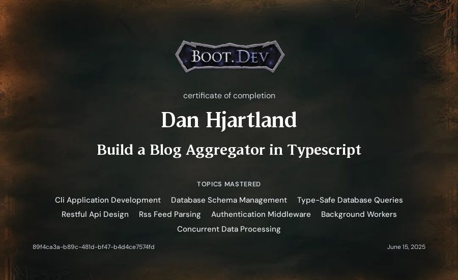 Dan Hjartland's Boot.dev Build a Blog Aggregator in TypeScript certificate