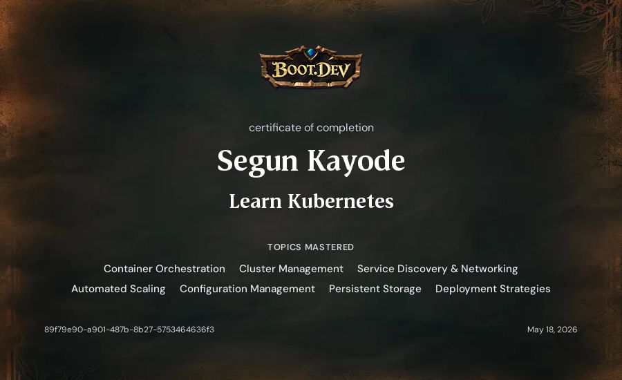 Segun Kayode's Boot.dev Learn Kubernetes certificate