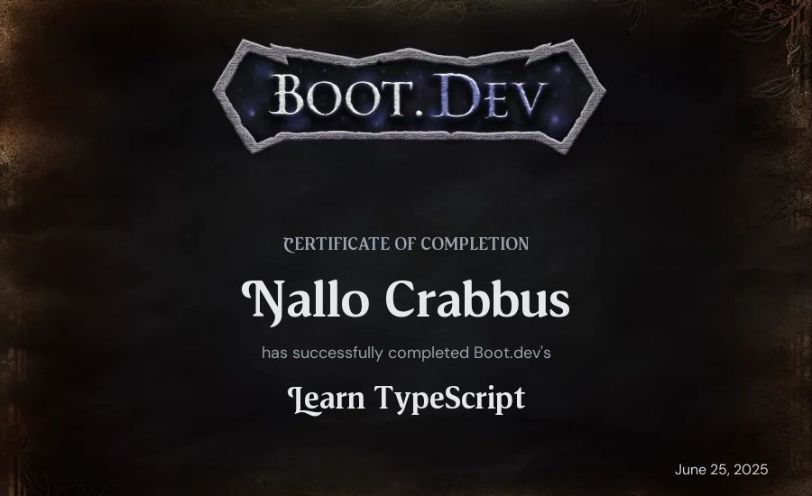 Nallo Crabbus's Boot.dev Learn TypeScript certificate