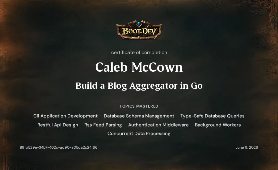 Caleb McCown's Boot.dev Build a Blog Aggregator in Go certificate