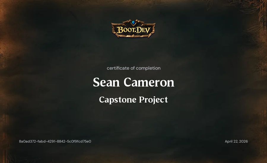 Sean Cameron's Boot.dev Capstone Project certificate