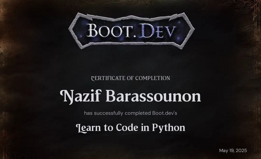 Nazif Barassounon's Boot.dev Introduction to Python Course certificate