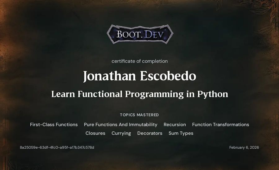 Jonathan Escobedo's Boot.dev Learn Functional Programming in Python certificate