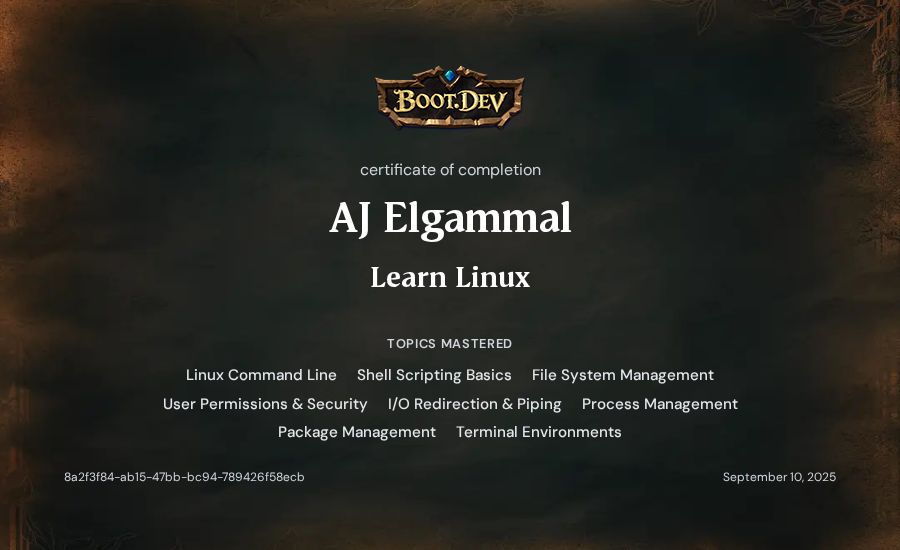 AJ Elgammal's Boot.dev Learn Linux certificate