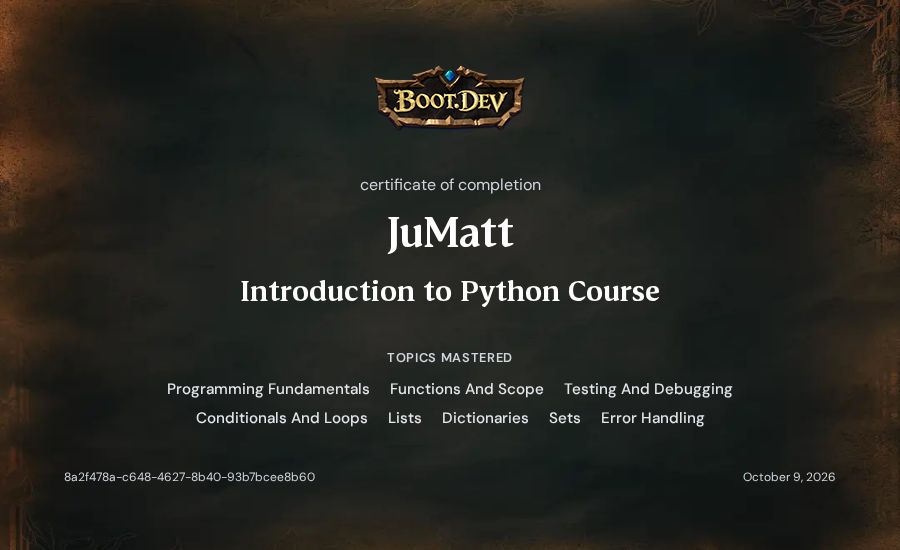 JuMatt's Boot.dev Introduction to Python Course certificate
