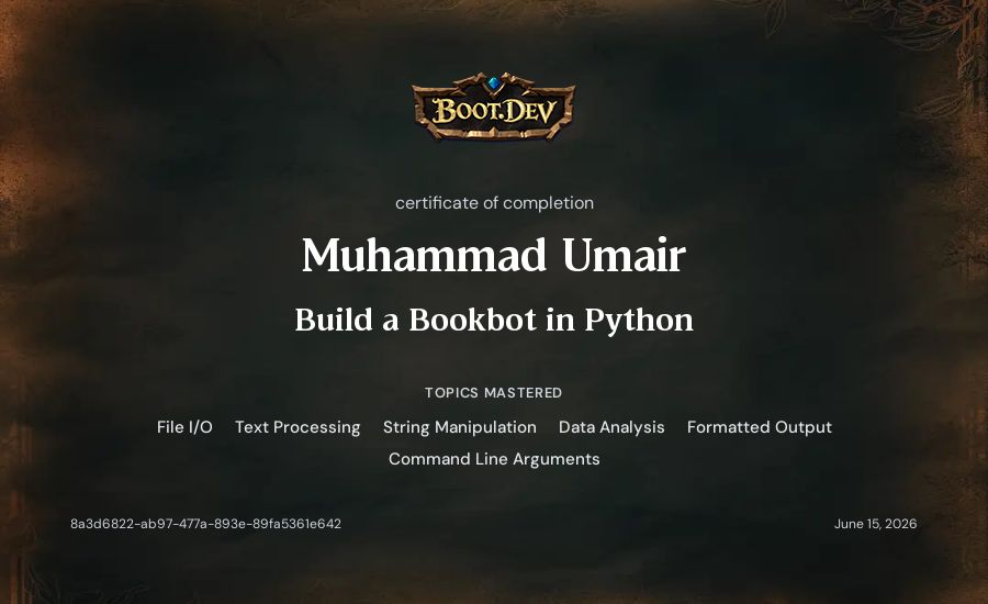 Muhammad Umair's Boot.dev Build a BookBot in Python certificate