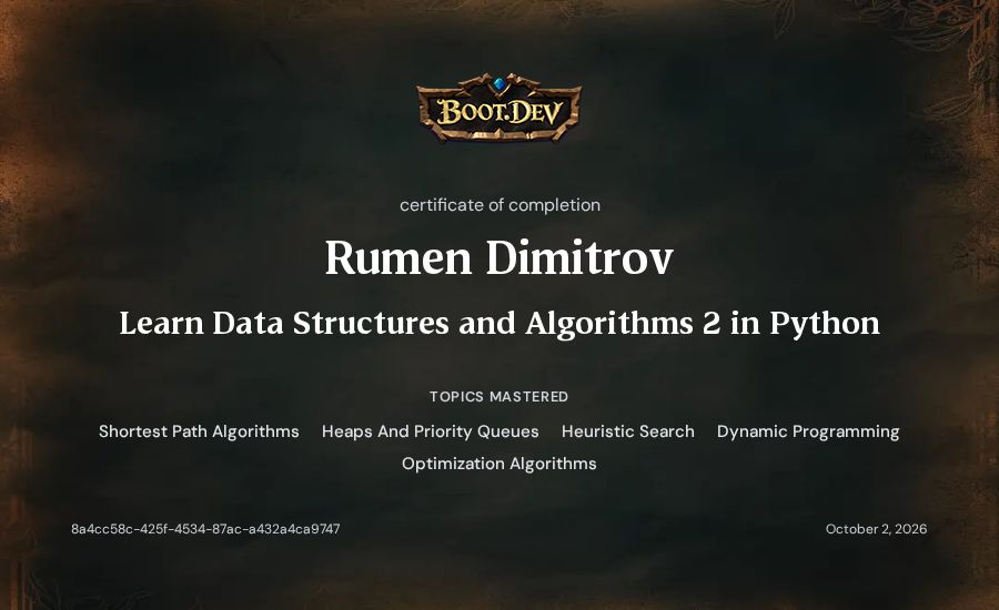 Rumen Dimitrov's Boot.dev Learn Data Structures and Algorithms 2 in Python certificate