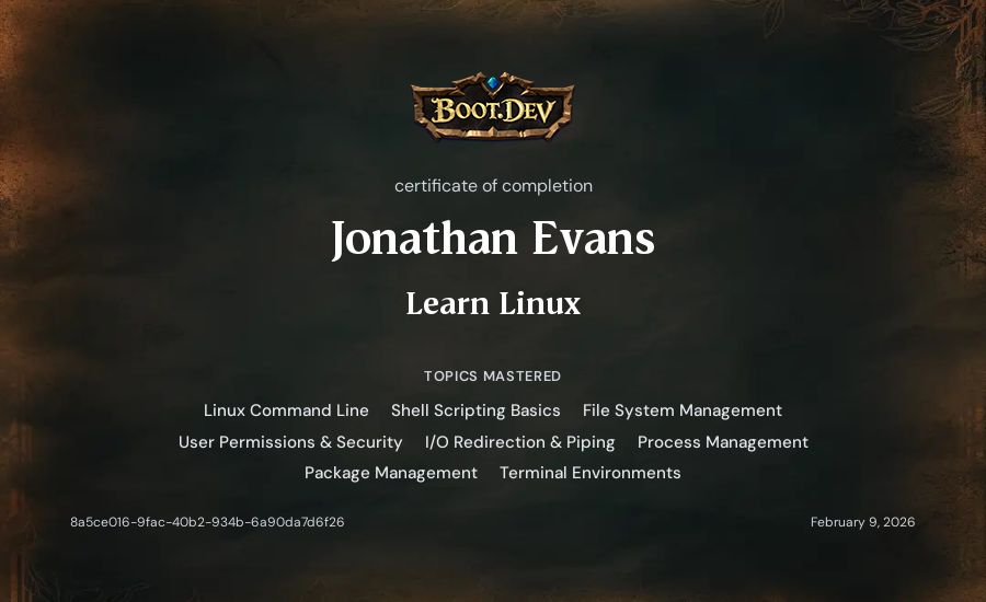 Jonathan Evans's Boot.dev Learn Linux certificate