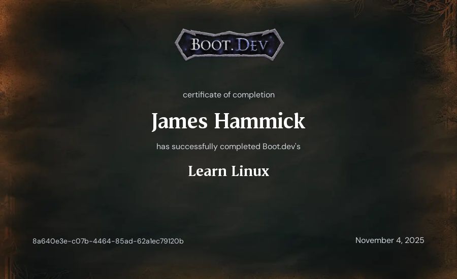 James Hammick's Boot.dev Learn Linux certificate