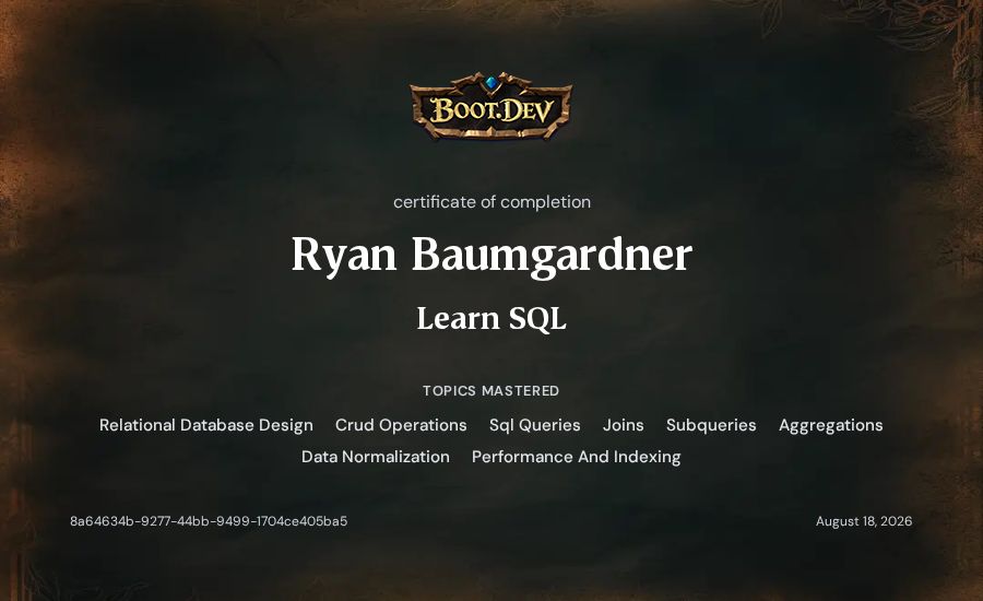 Ryan Baumgardner's Boot.dev Learn SQL certificate