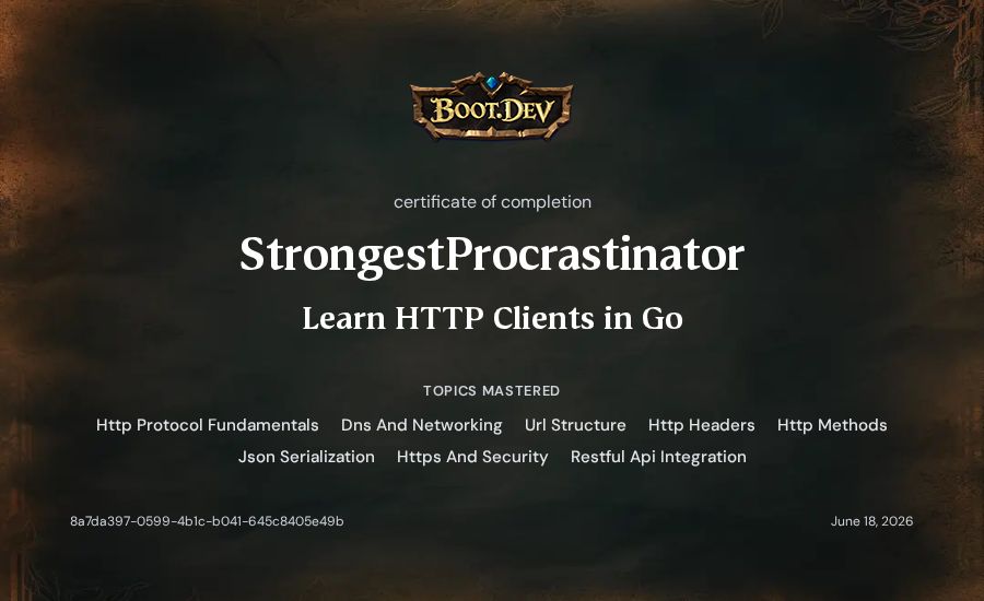 StrongestProcrastinator's Boot.dev Learn HTTP Clients in Go certificate