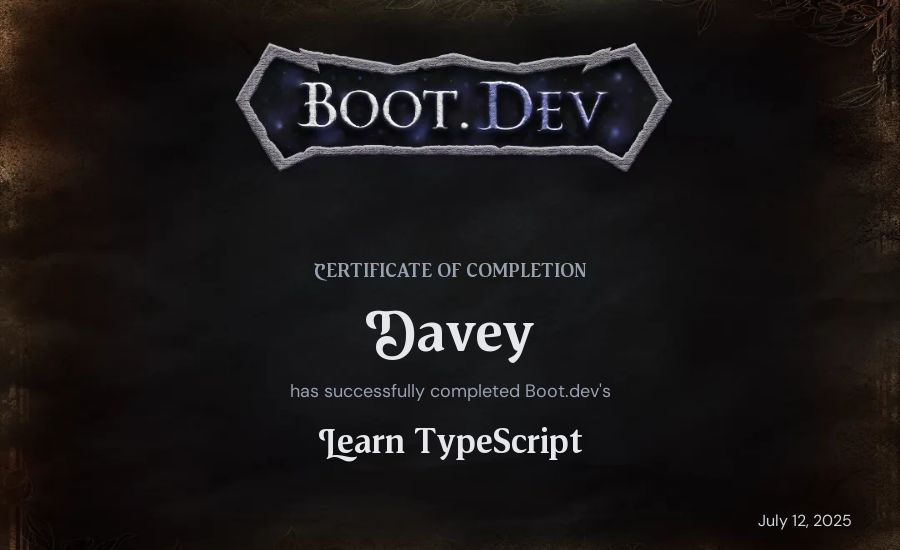 Davey's Boot.dev Learn TypeScript certificate