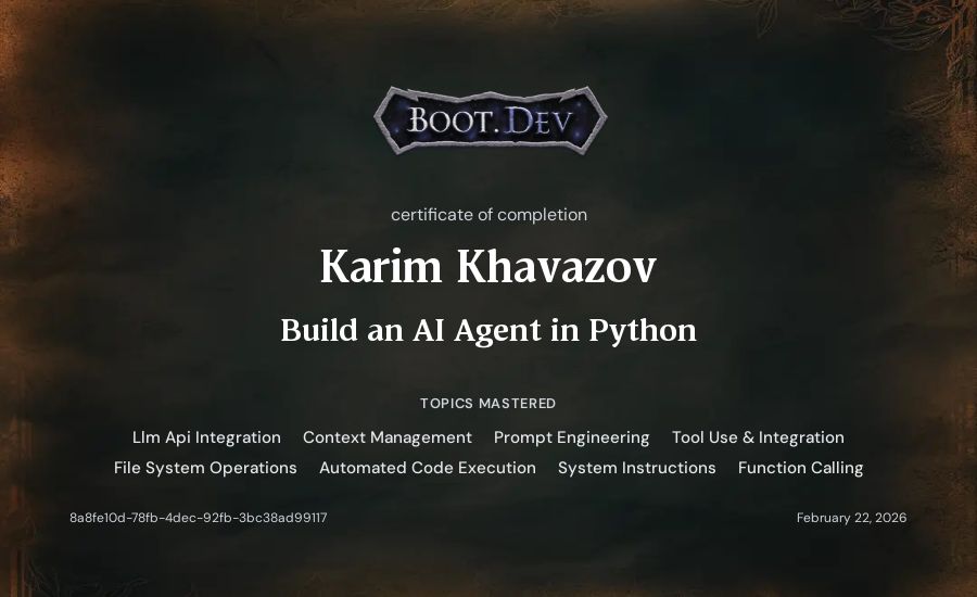 Karim Khavazov's Boot.dev Build an AI Agent in Python certificate
