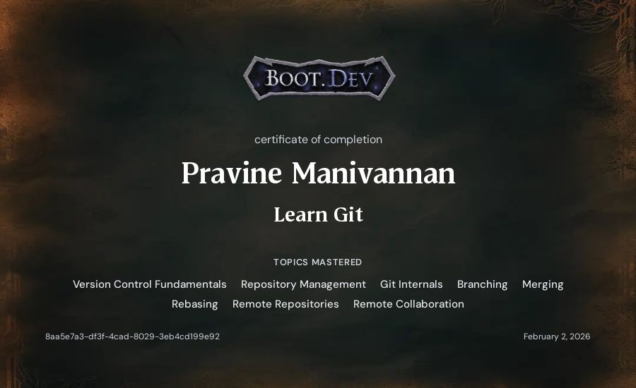 Pravine Manivannan's Boot.dev Learn Git certificate