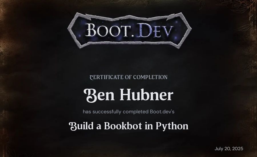 Ben Hubner's Boot.dev Build a BookBot in Python certificate