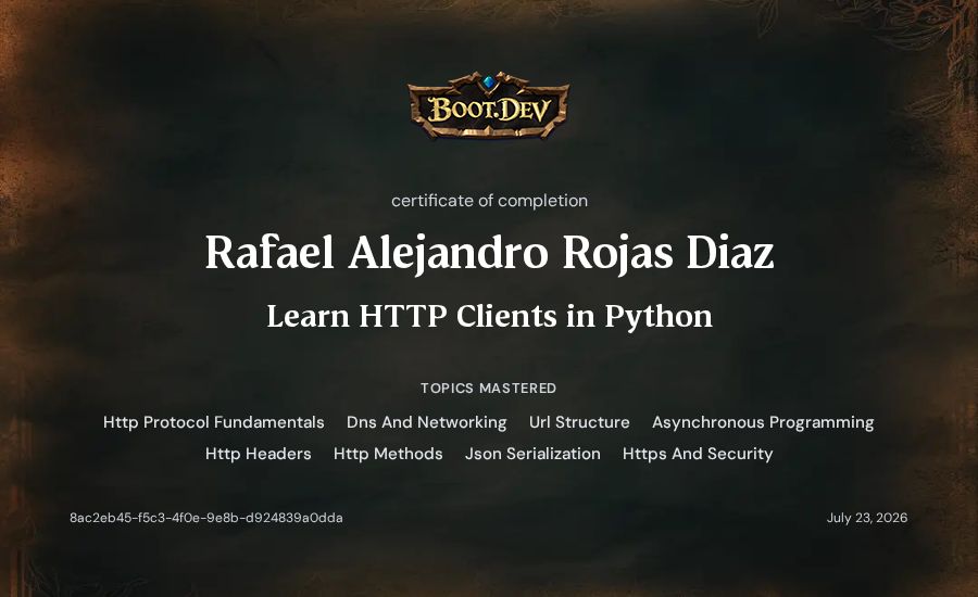 Rafael Alejandro Rojas Diaz's Boot.dev Learn HTTP Clients in Python certificate