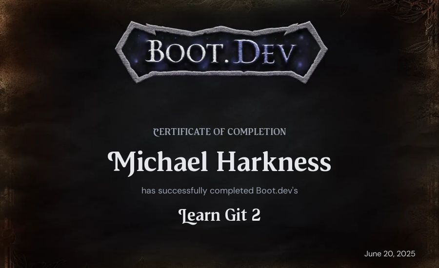 Michael Harkness's Boot.dev Learn Git 2 certificate