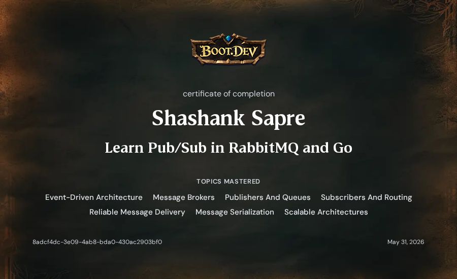 Shashank Sapre's Boot.dev Learn Pub/Sub in RabbitMQ and Go certificate