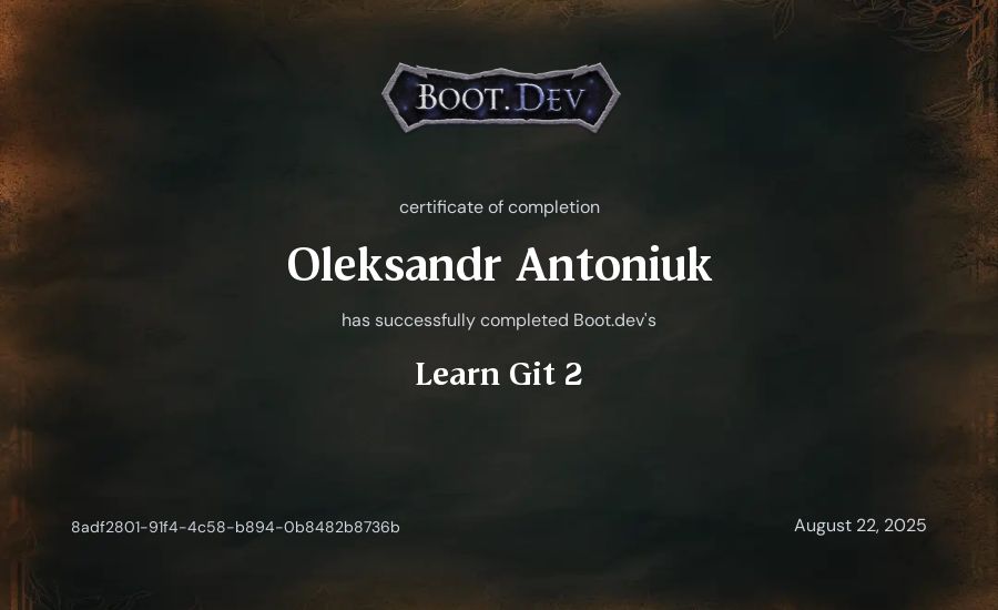 Oleksandr Antoniuk's Boot.dev Learn Git 2 certificate