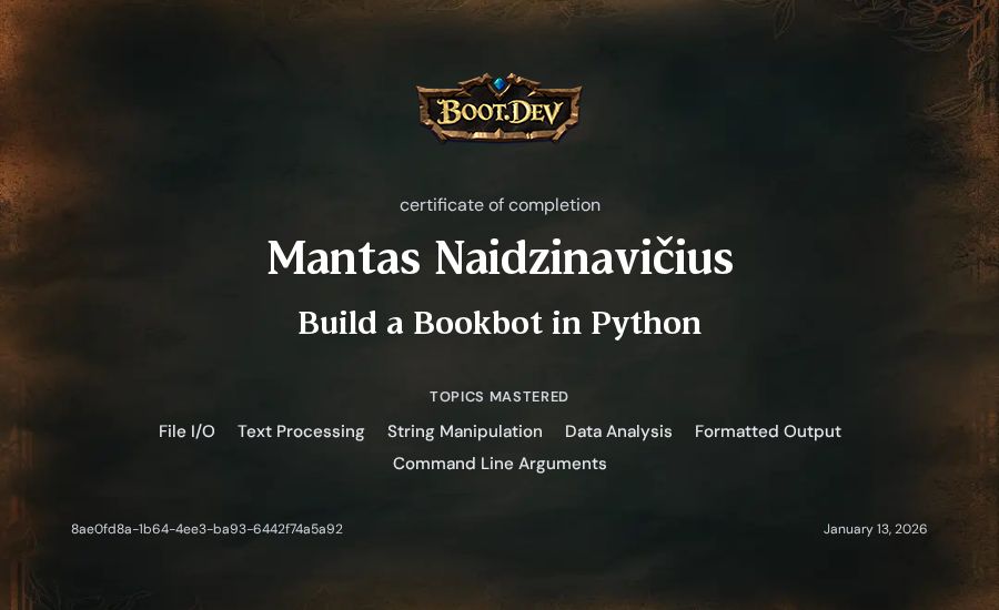 Mantas Naidzinavičius's Boot.dev Build a BookBot in Python certificate