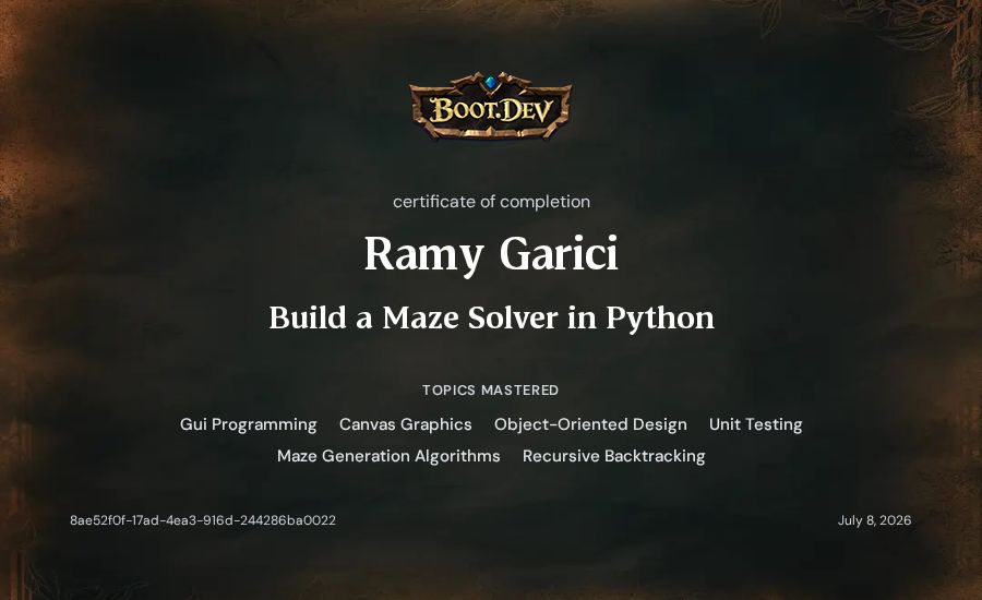 Ramy Garici's Boot.dev Build a Maze Solver in Python certificate