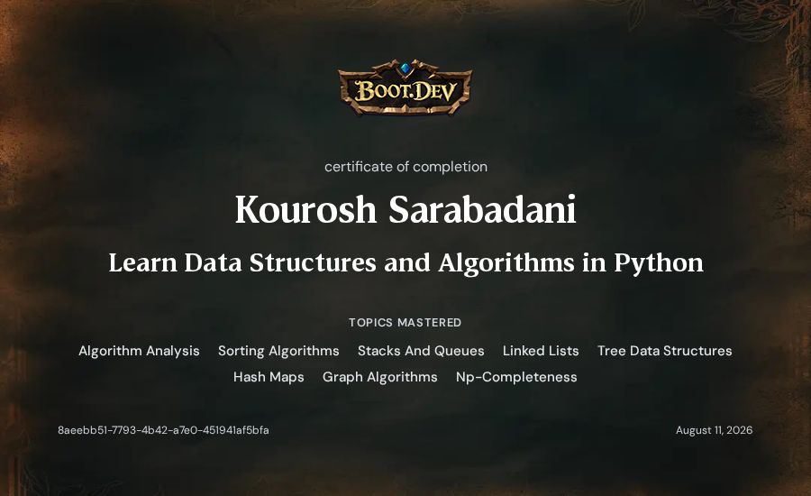 Kourosh Sarabadani's Boot.dev Learn Data Structures and Algorithms in Python certificate