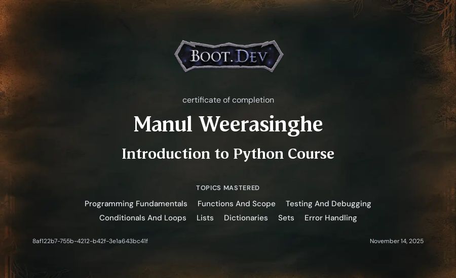 Manul Weerasinghe's Boot.dev Introduction to Python Course certificate