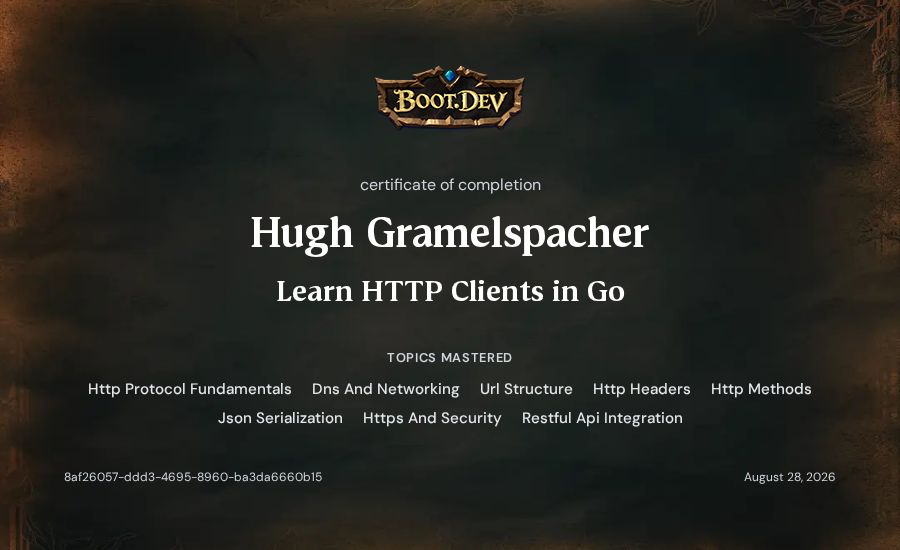 Hugh Gramelspacher's Boot.dev Learn HTTP Clients in Go certificate