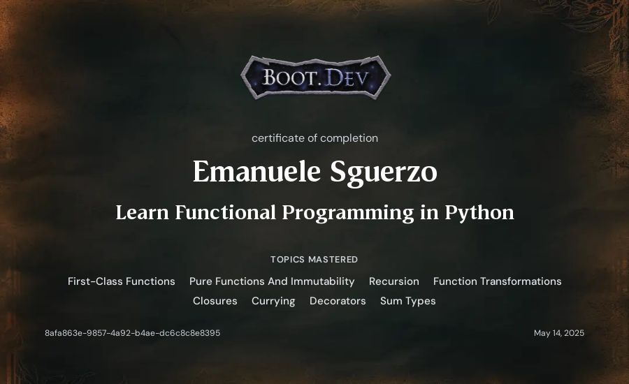 Emanuele Sguerzo's Boot.dev Learn Functional Programming in Python certificate