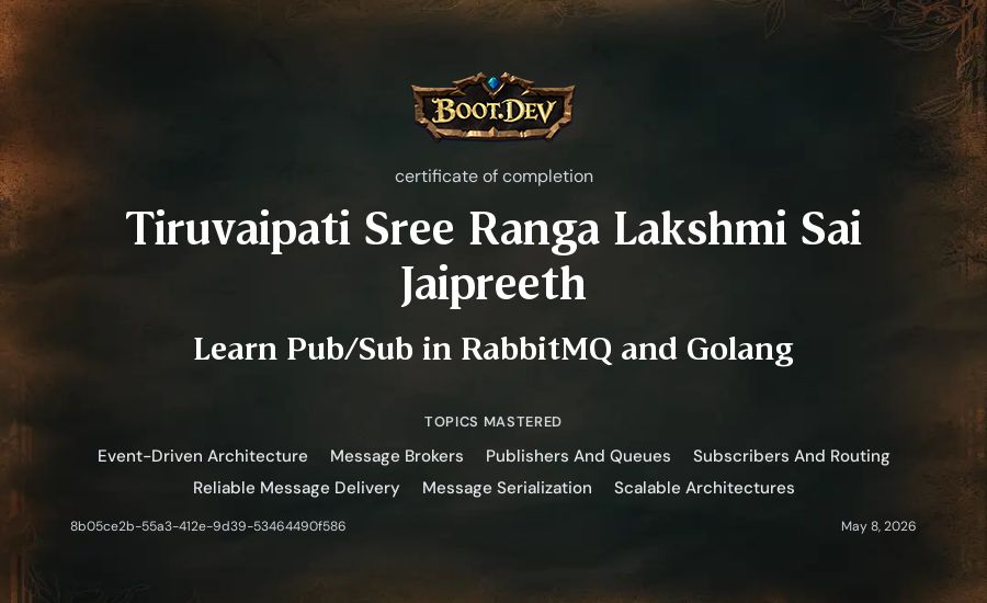 Tiruvaipati Sree Ranga Lakshmi Sai Jaipreeth's Boot.dev Learn Pub/Sub in RabbitMQ and Go certificate