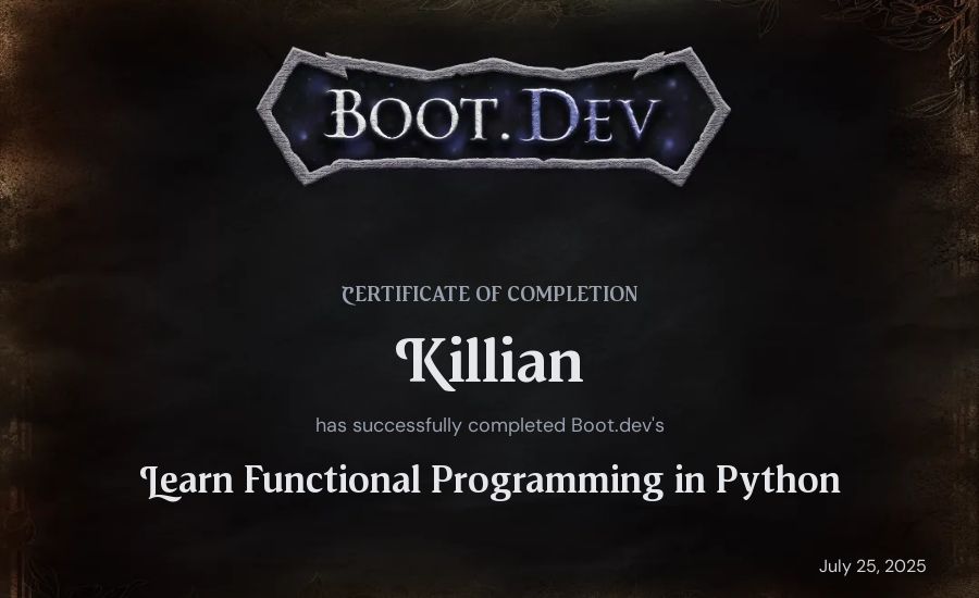 Killian's Boot.dev Learn Functional Programming in Python certificate