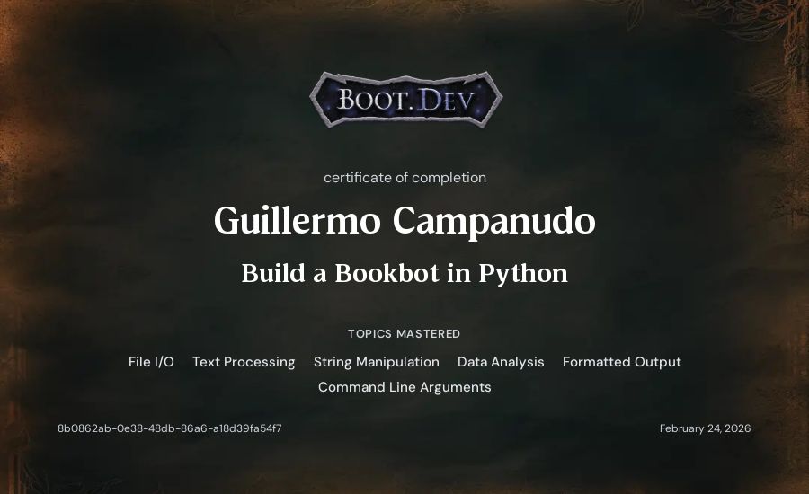 Guillermo Campanudo's Boot.dev Build a BookBot in Python certificate