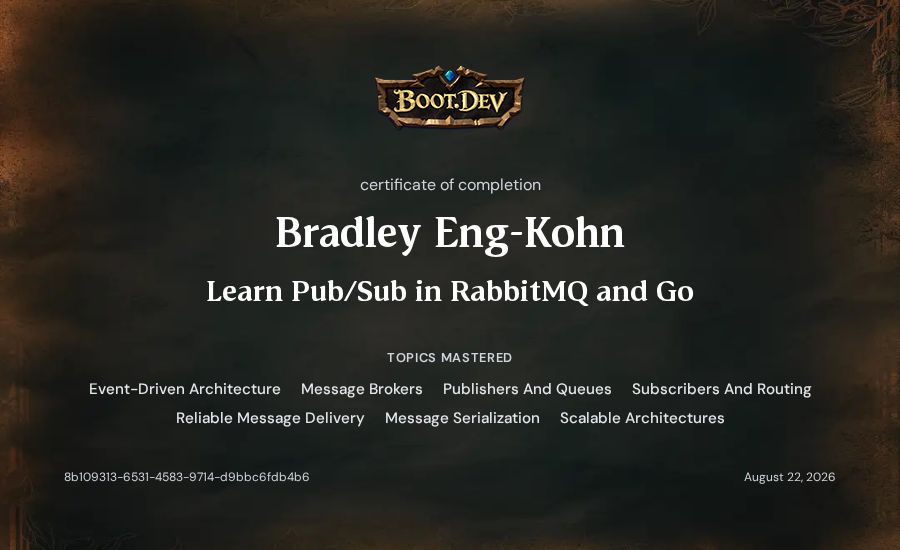 Bradley Eng-Kohn's Boot.dev Learn Pub/Sub in RabbitMQ and Go certificate