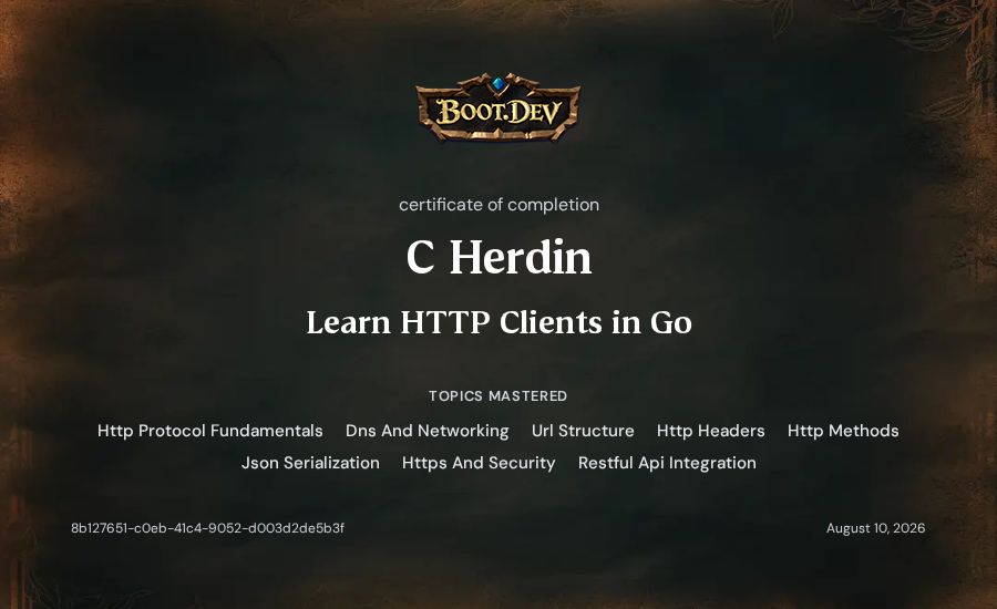 C Herdin's Boot.dev Learn HTTP Clients in Go certificate