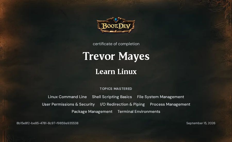 Trevor Mayes's Boot.dev Learn Linux certificate