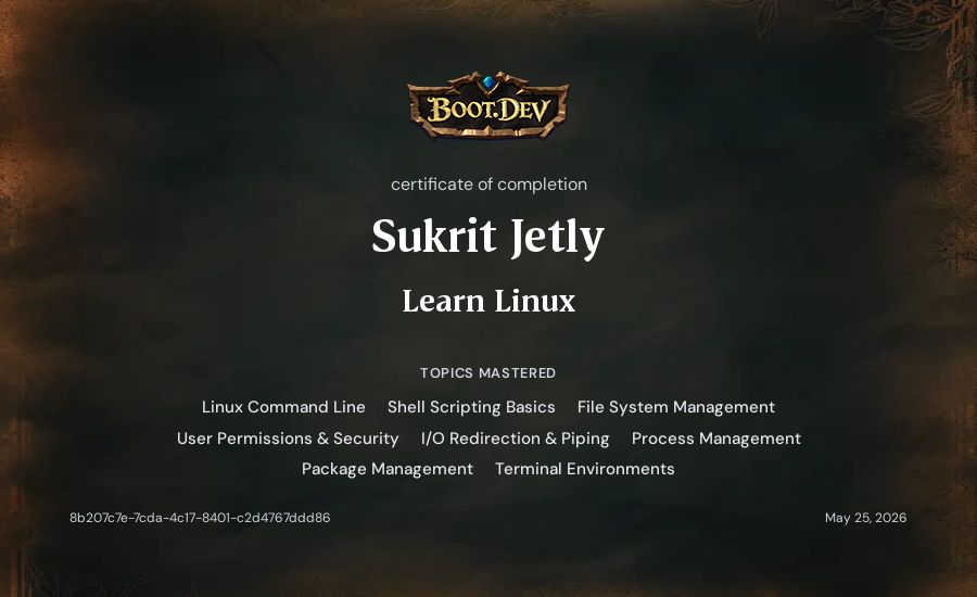 Sukrit Jetly's Boot.dev Learn Linux certificate