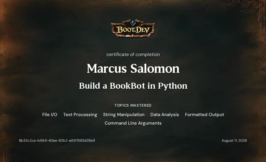 Marcus Salomon's Boot.dev Build a BookBot in Python certificate