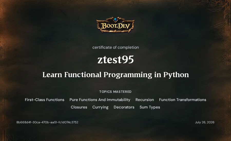 ztest95's Boot.dev Learn Functional Programming in Python certificate