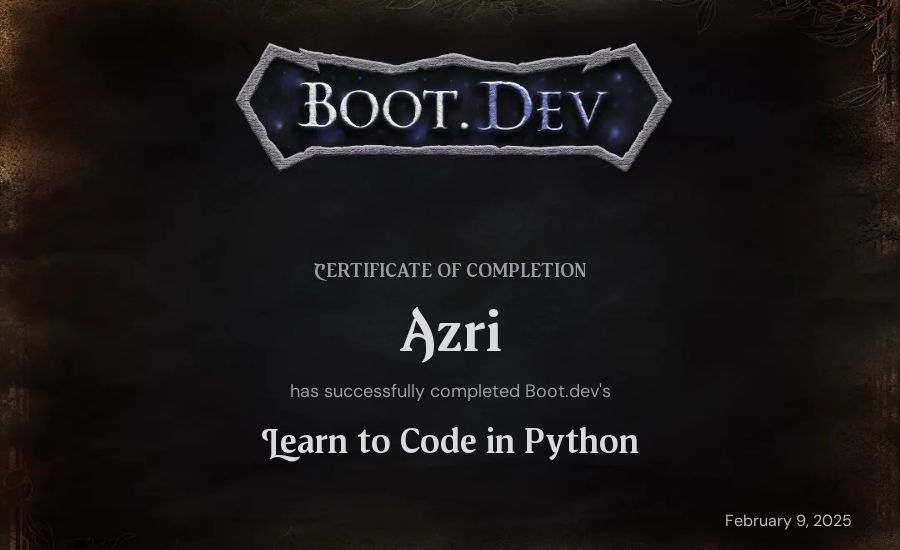 Azri's Boot.dev Introduction to Python Course certificate