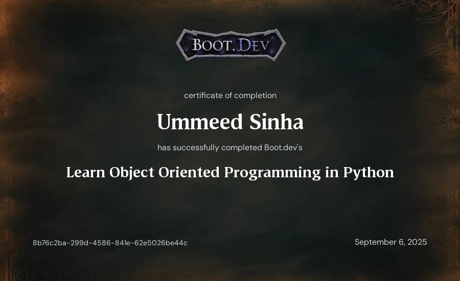 Ummeed's Boot.dev Learn Object Oriented Programming in Python certificate