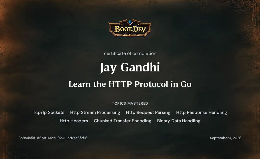 Jay Gandhi's Boot.dev Learn the HTTP Protocol in Go certificate