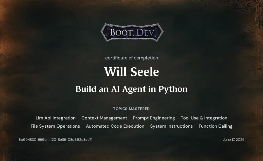 Will Seele's Boot.dev Build an AI Agent in Python certificate