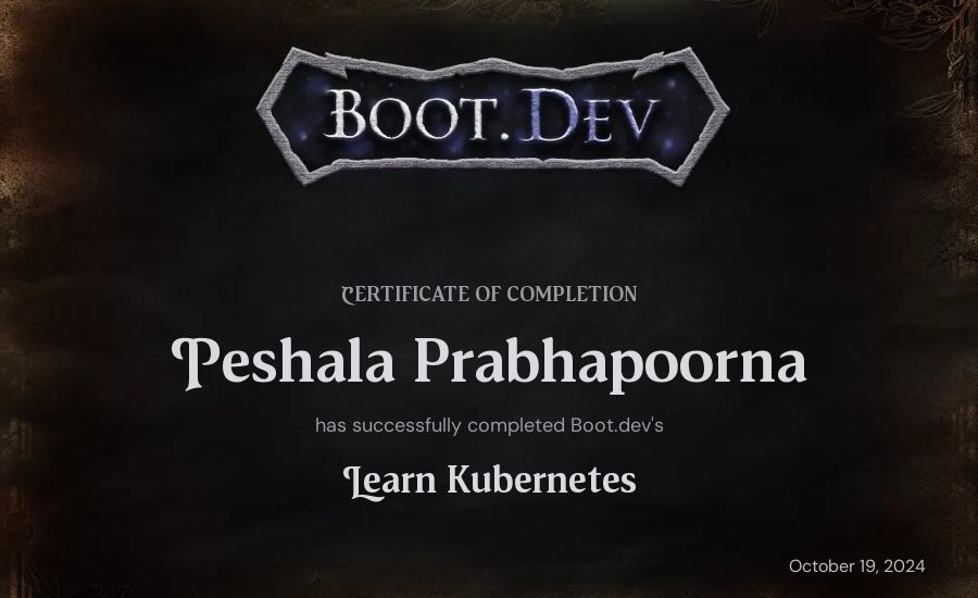 Peshala Prabhapoorna's Boot.dev Learn Kubernetes certificate