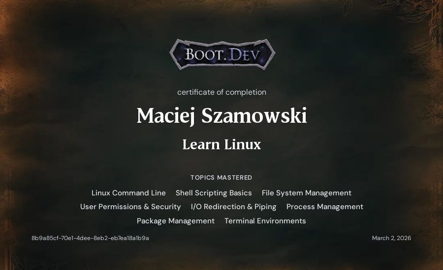 Maciej Szamowski's Boot.dev Learn Linux certificate