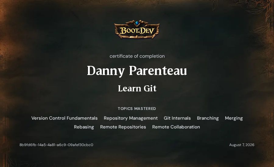 Danny Parenteau's Boot.dev Learn Git certificate