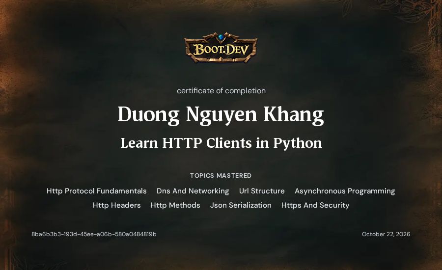 Duong Nguyen Khang's Boot.dev Learn HTTP Clients in Python certificate